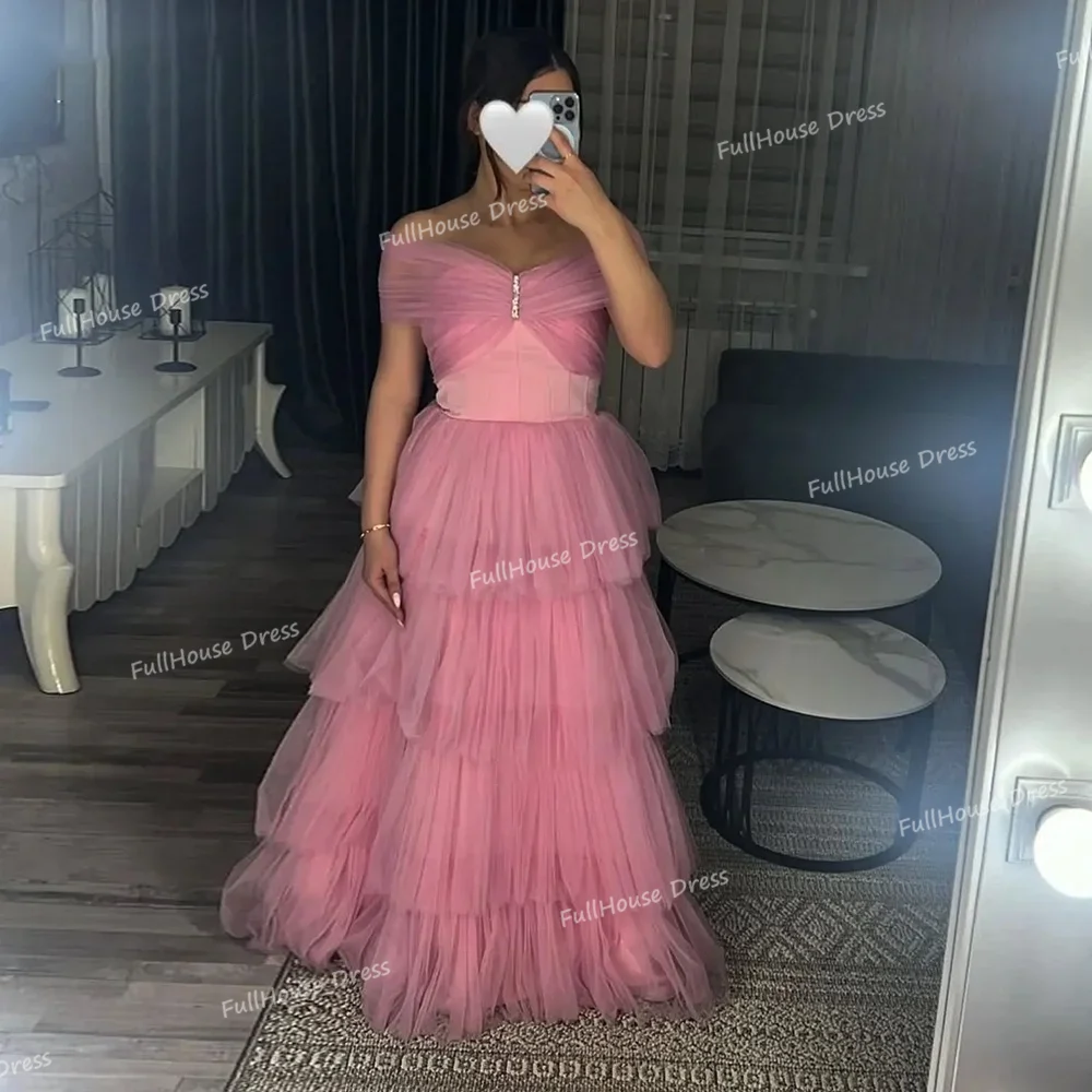 

Custom Made Pink Off Shoulder Tulle A-line Floor Length Evening Gown Puffy Backless Birthday Dress Tiered Ruffles vestidos de