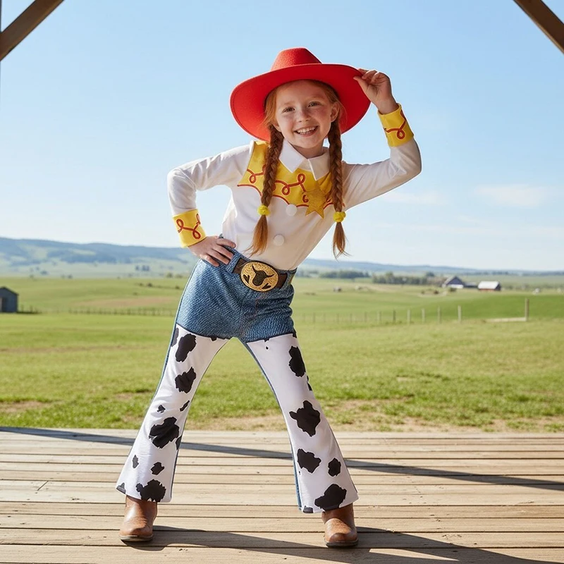 2026 Jessie Cowgirl Costume 2 Piece Set Sleeve shirt Cow Print Flared Pants Kids Cosplay Outfit Halloween Carnival Casual Wear