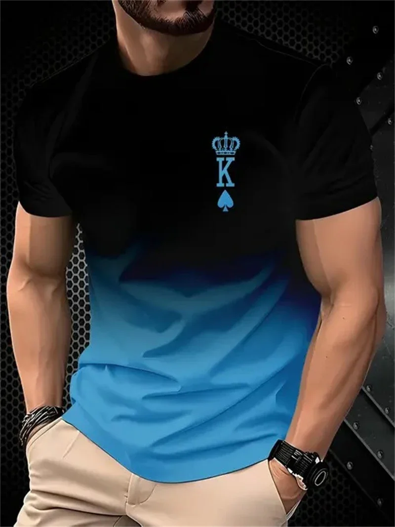 Herren T-Shirt mit schwarz-blauem Farbverlauf und K-Print, King Spade, Rundhalsausschnitt, Kurzarm, lässige Streetwear, atmungsaktives Oberteil