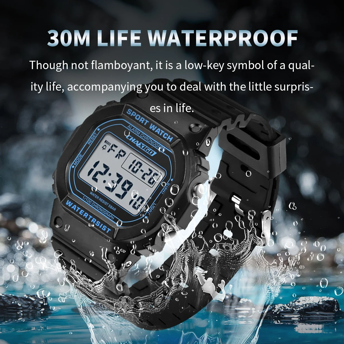 ساعة CHAXIGO الرياضية الرقمية بحزام سيليكون للرجال 43.8 ملم LED مضيئة مقاومة للصدمات 30 متر ساعة رقمية مقاومة للماء