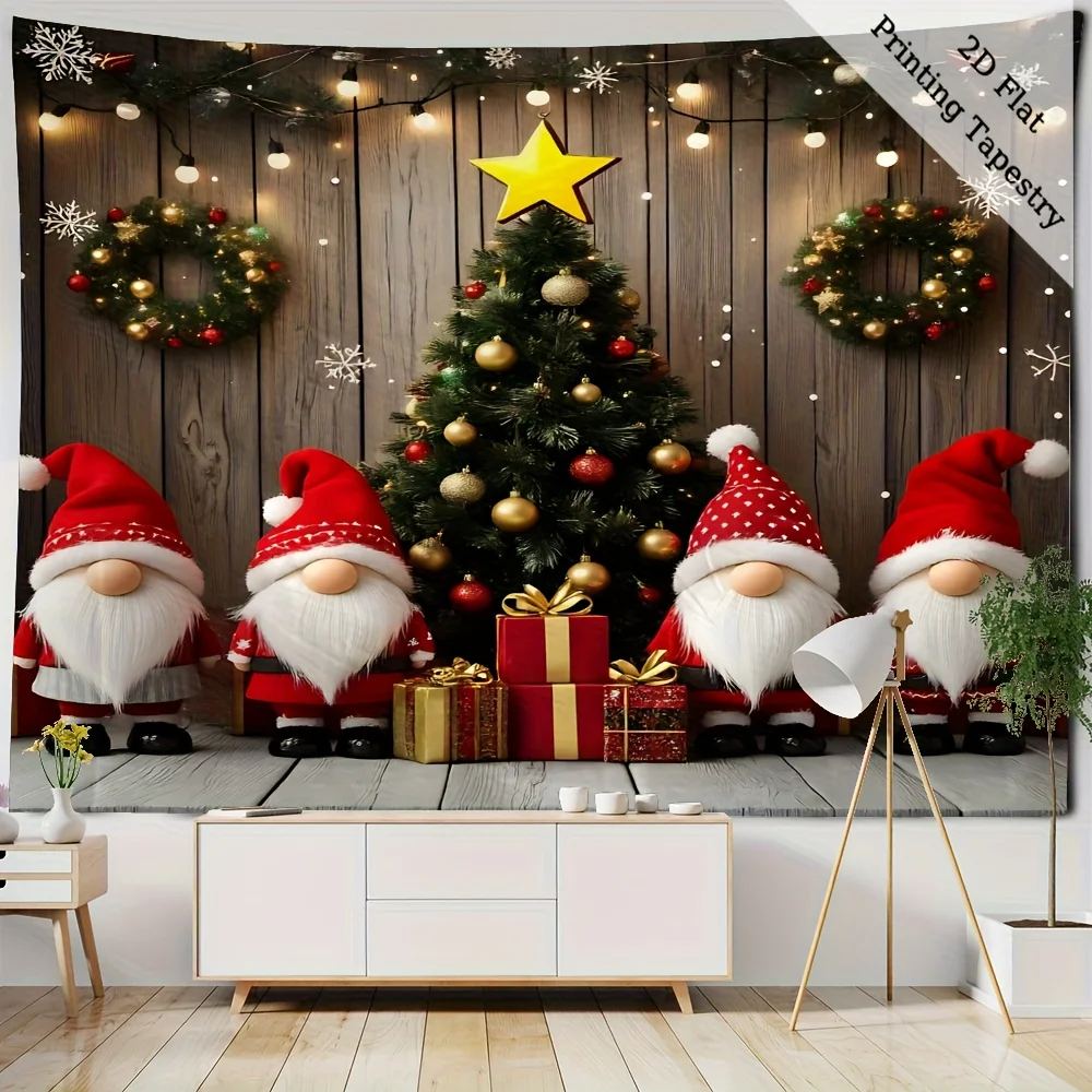 1pc Extra Large Christmas Tapestry Wall Hanging - Santa Claus, Elf & Tree Winter Scene - Red/Golden/Green Holiday Decor - Heavy-
