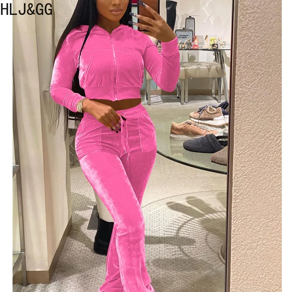 

HLJ&GG Fashion Velvet Hooded Two Piece Sets Women Zipper Long Sleeve Coat And Skinny Pants Tracksuits Casual Solid 2pcs Outfits