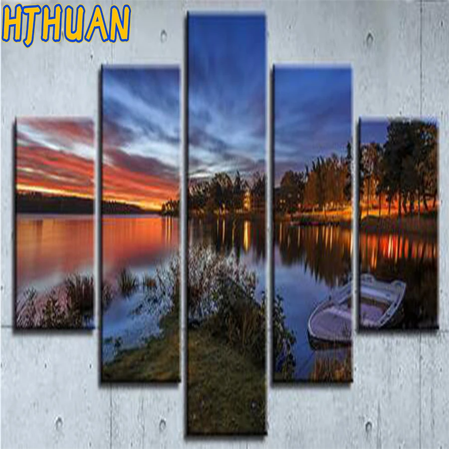 

Diy 5pcs Full square round diamond painting Natural sunset lakeside scenery diamond embroidery rhinestone mosaic diamond inlaid