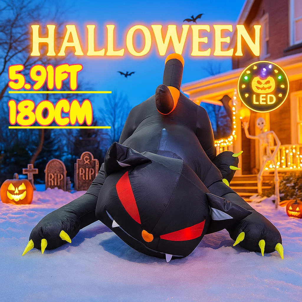

5.91FT Halloween Outdoor Holiday Decoration Inflatable Toys Black Cat Shakes Head Ghost Festival Built-in LED Lights Ornament