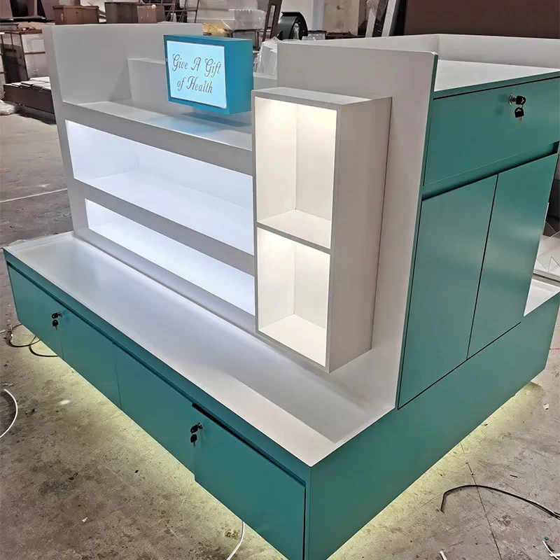 custom.Custom Lacquered Metal Wood Heavy Duty Freestanding Middle Island Display Cabinet Premium Shelving Cosmetics Skincare