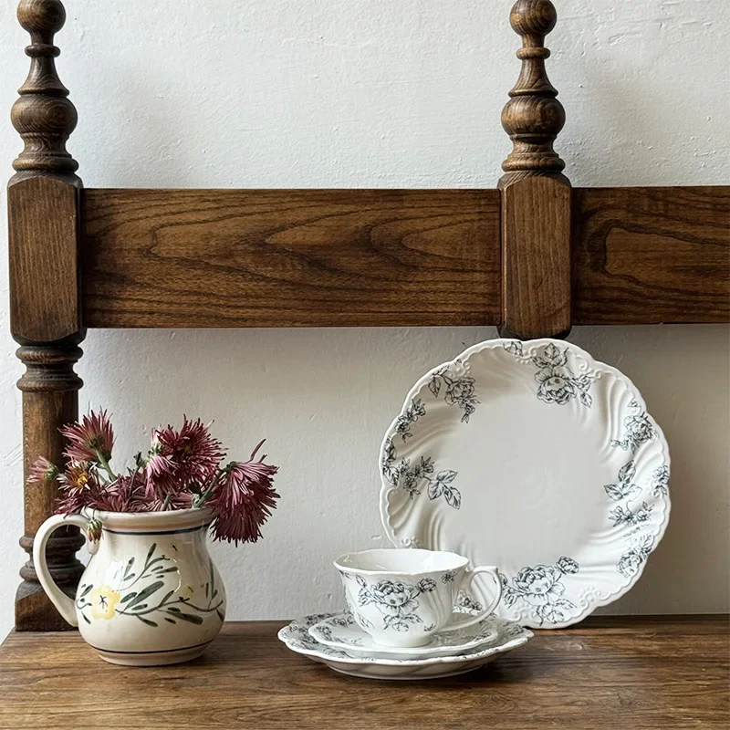 French, Vintage, Fog Blue Rose Embossed Ceramic Tableware, Ceramic Plates, Coffee Cups and Saucers, Dessert Plates and Plates