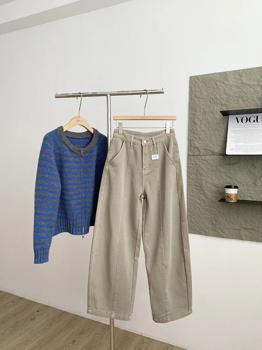 

Женские зимние джинсы с высокой талией и широкими штанинами, на флисовой подкладке, свободного кроя, универсальные, стройнящие, повседневные, прямого силуэта, длинные брюки