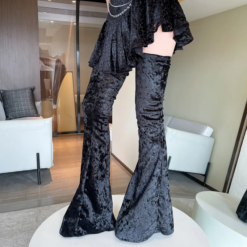 Black Velvet Bell-Bottoms Square Toe Over-The-Knee Women Boots Chunky High Heels Slip On Design Large Size Special Design Shoes