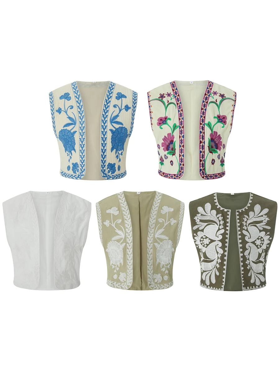 Y2k Vintage Embroidered Floral Vest Women Fashion Linen Short Ethnic Shirt Blouse Crochet Flower Cardigan Vests Tops Streetwear