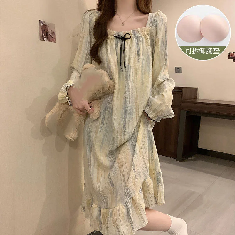 Spring Autumn New Women Long Sleeved Sleep Skirt with Chest Cushion Soft Comfort Loose Casual Can Be Wearing Outward Home Skirt