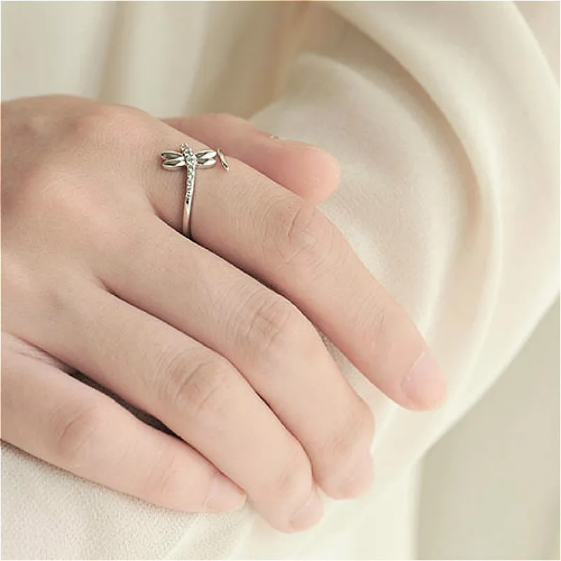 Women's 925 Sterling Silver Dragonfly Crystal Opening Ring