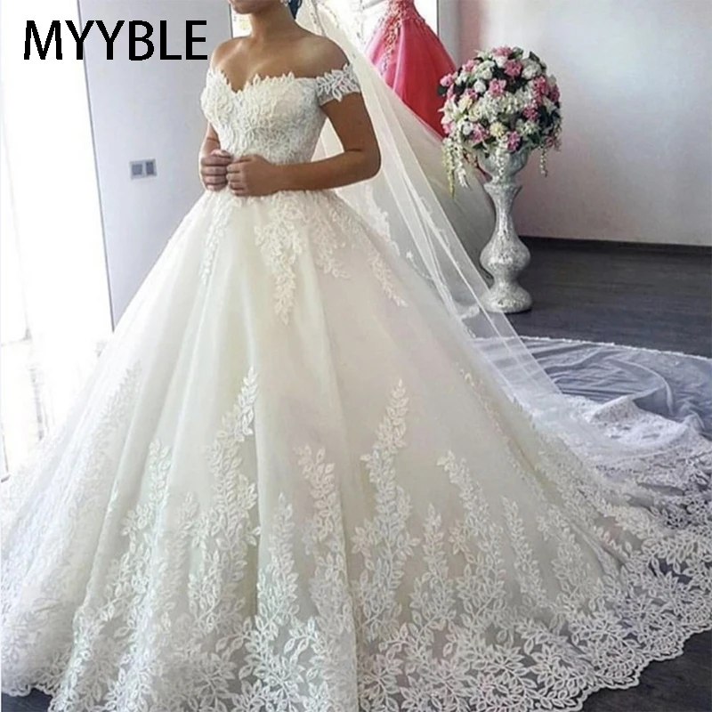 Trắng Lệch Vai Plus Size Đầm Vestido De Noiva 2022 Áo Cưới Tàu Tự Làm Plus Kích Thước Cô Dâu Voan Mariage