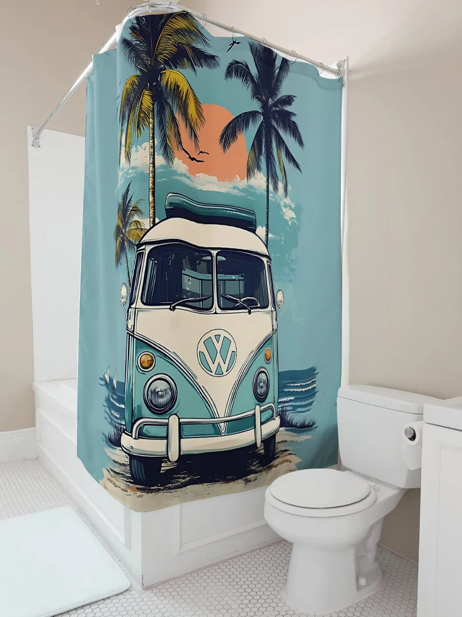 Tropical Sunset Volkswagen Van Shower Curtain - Vintage Beach Style Home Decor - Waterproof and Durable Fabric for Bathroom