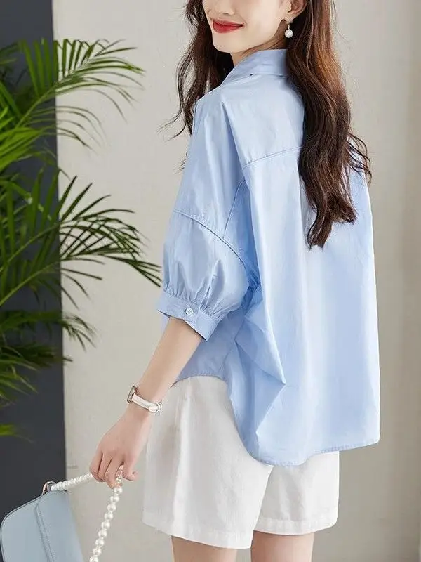 Loose Casual Summer Shirt Women's plus Size Thin Slimming Cover up Short Sleeve  Neck Polyester Fiber UV Protection