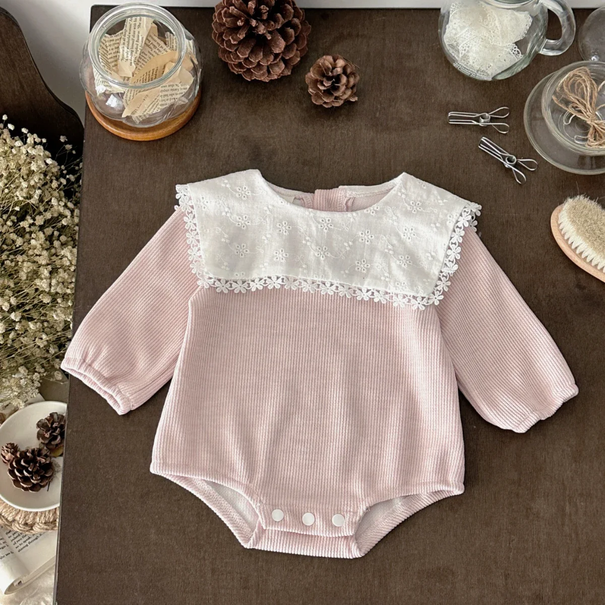 Infant Girls Sweet Pink Waffle Romper, Floral Lace Lapel Long Sleeve Bodysuit Newborn Spring Casual Outfit