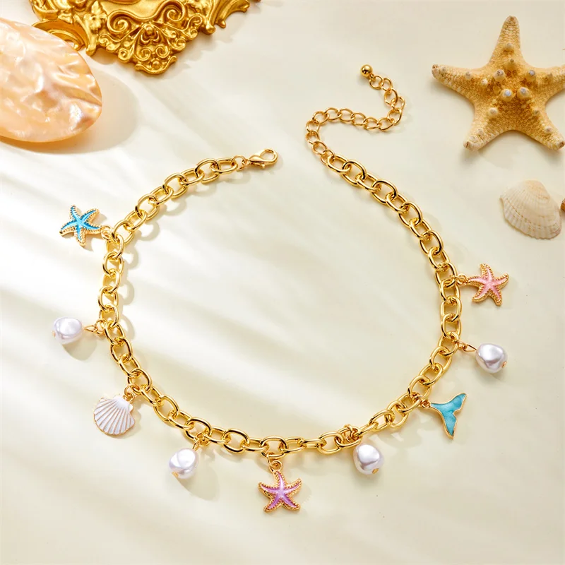 Boho Seestern Jakobsmuscheln Anhänger Halsband Halskette für Frauen Elegante Imitation Perle Quaste Halskette Ästhetische Party Schmuck Geschenk – Detail 9