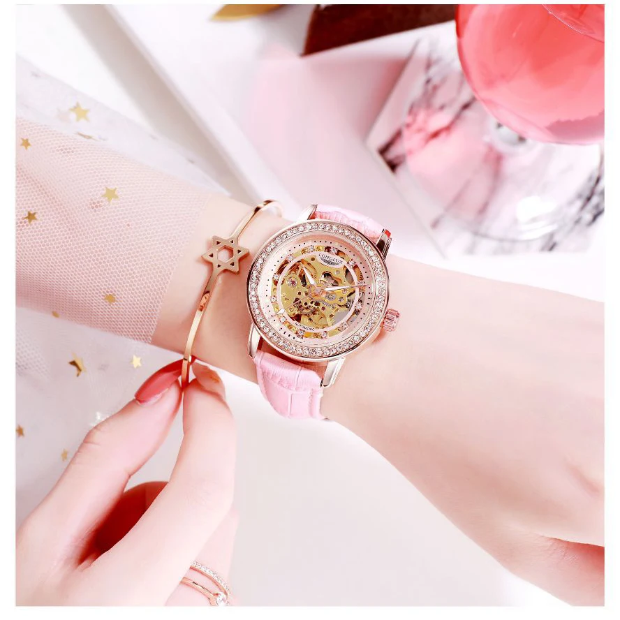 Woman Automatic Mechanical Watches Skeleton Wristwatch Lady Elegant Luxury High Quality Leather Strap Watch 50m Waterproof Clock