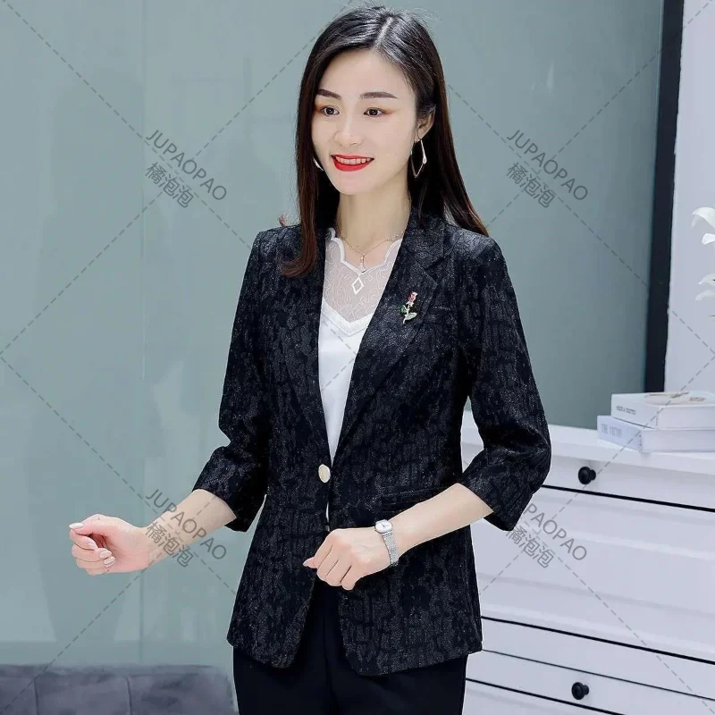 Three Quarter Sleeve Solid Color Patchwork Notched Lace Button Blazers Spring Autumn Thin Office Lady Women's Clothing Formal
