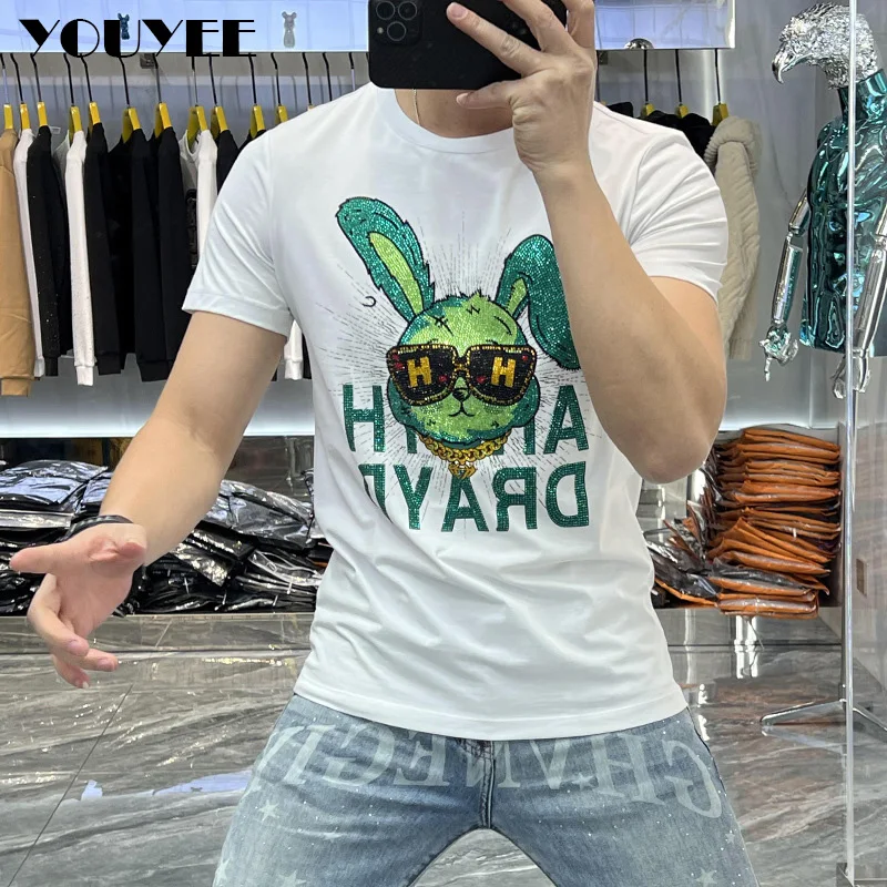 Short Sleeved T-shirt Men's Fashion Brand Male Tees 2023 Summer New Slim Casual Round Neck Tops Rabbit Hot Diamond Men Clothing