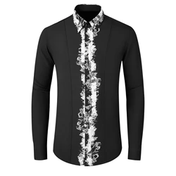 High End Placket Printed Shirts Men Autumn Winter Long Sleeve Casual Shirts Business Social Party Tuxedo Formal Dress Shirts