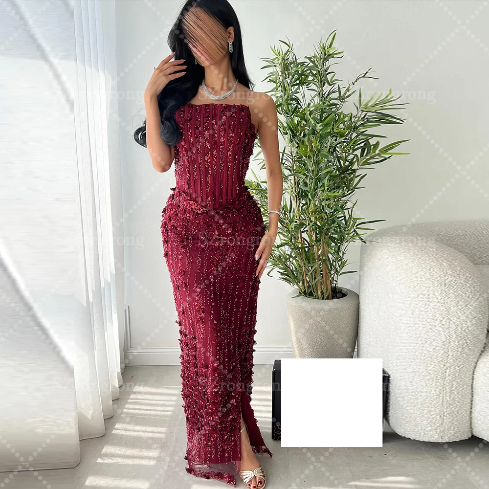 

Custom Made Glamorous Strapless Pleated Floral Lace Sequins Sheath Saudi Arab Gown Side Slit Lace up Back Evening Party Dress