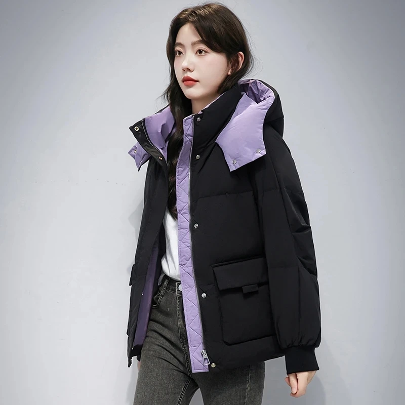 

2025 зимняя теплая модная куртка-пуховик женская с высоким воротом и капюшоном на молнии с хлопковой подкладкой