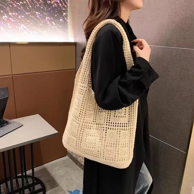 

New Woolen Knit Tote Bag Simple Fashion Shoulder Beach Vacation Handbag