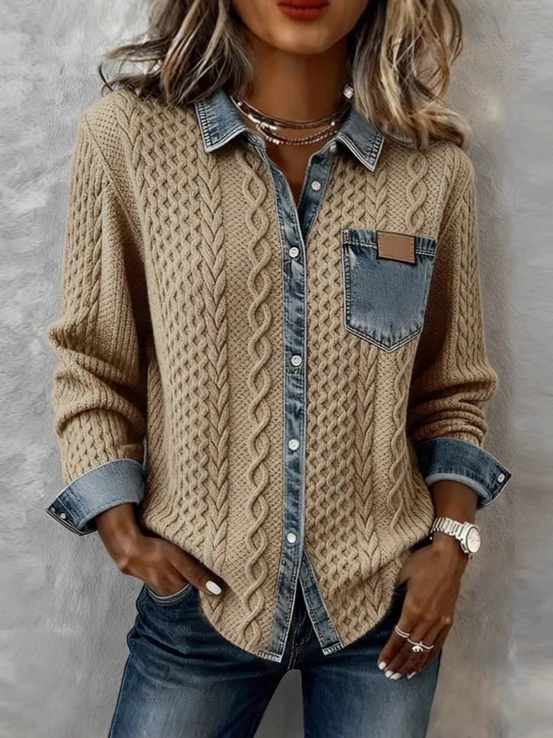 Women Cable Knit Shirt Jacket Denim Spliced Collar Long Sleeve Button Down Casual Shacket