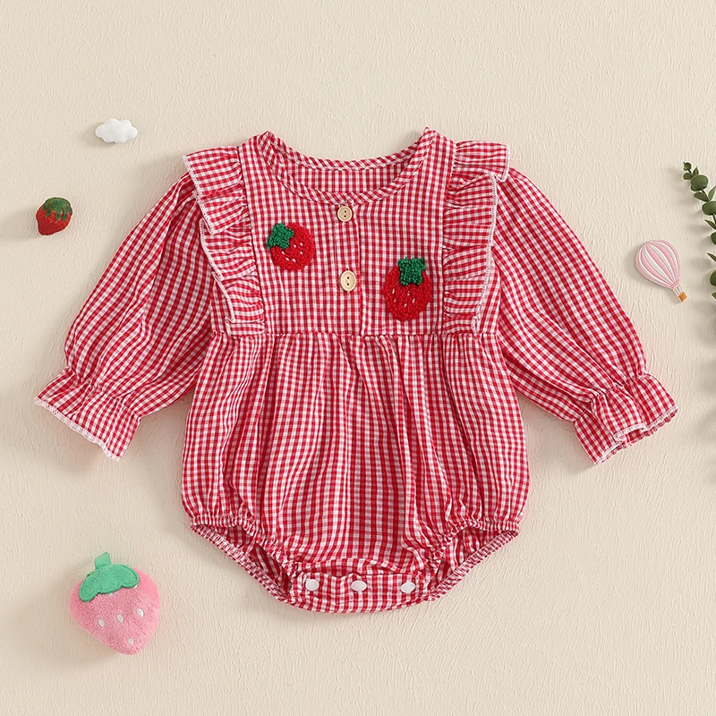 

Baby Girl Romper Outfits Plaid Strawberry Embroidery Ruffle Trim Long Sleeve Jumpsuit Cute Fall Clothes