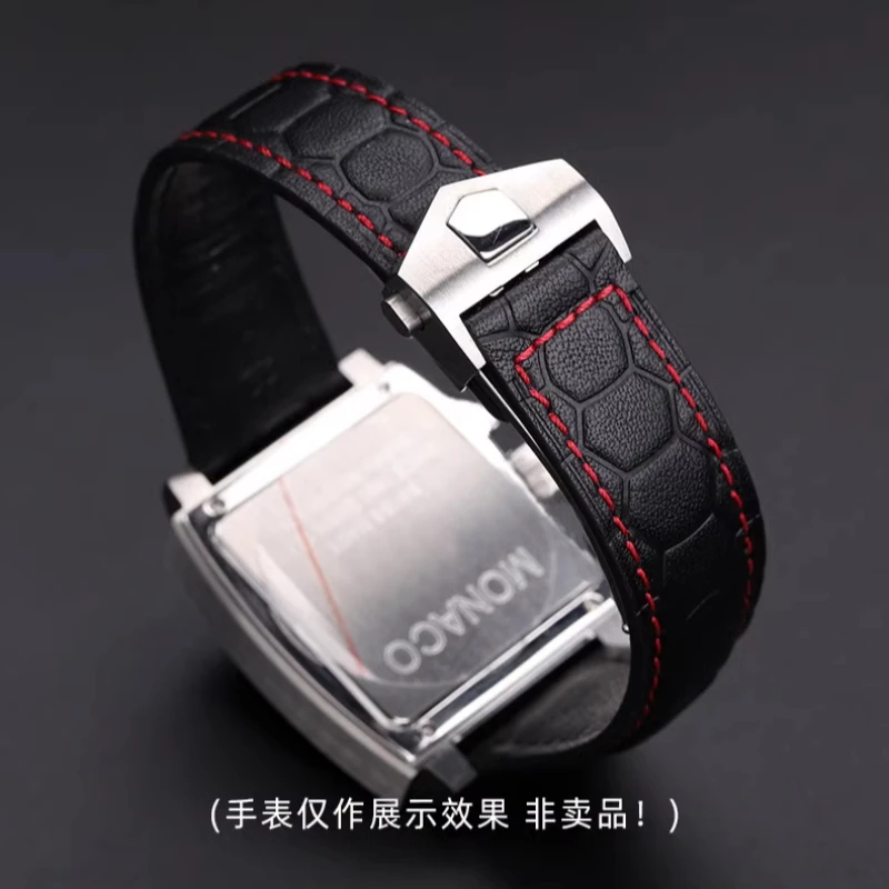 جديد 22 مللي متر لعلامة heuer كاليرا موناكو F1 حزام ساعة من الجلد الطبيعي خط أحمر جلد البقر نشر مشبك الرجال حزام ساعة اليد اكسسوارات