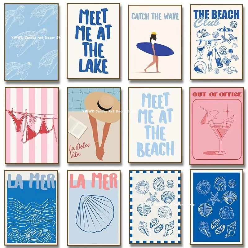 Seashells Meet Me At The Beach Poster Summer Sea Bikini Coastal Quotes Canvas Painting Trendy Wall Art Room for Home Decor Gifts