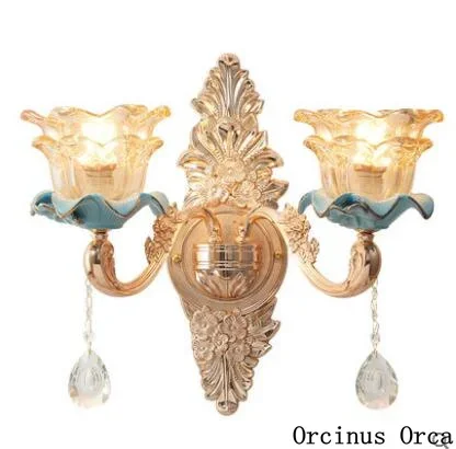 

European luxury blue crystal wall lamp living room bedside lamp French romantic flower glass wall lamp