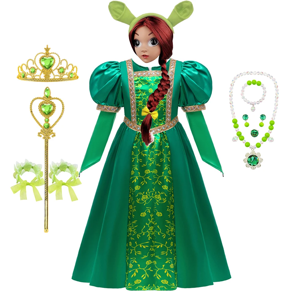 Girls Fiona Dress Spring Autumn Halloween 3-10 Yrs Kids Princess Cosplay Fancy Costume Green Monster Fantasy Lace Print Clothes