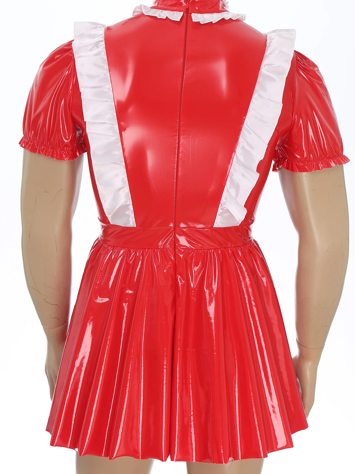 Vestido de uniforme de sirvienta Sissy para hombre, lencería Sexy, disfraz de sirvienta traviesa de Halloween, delantal de lazo de charol brillante, vestido de línea a