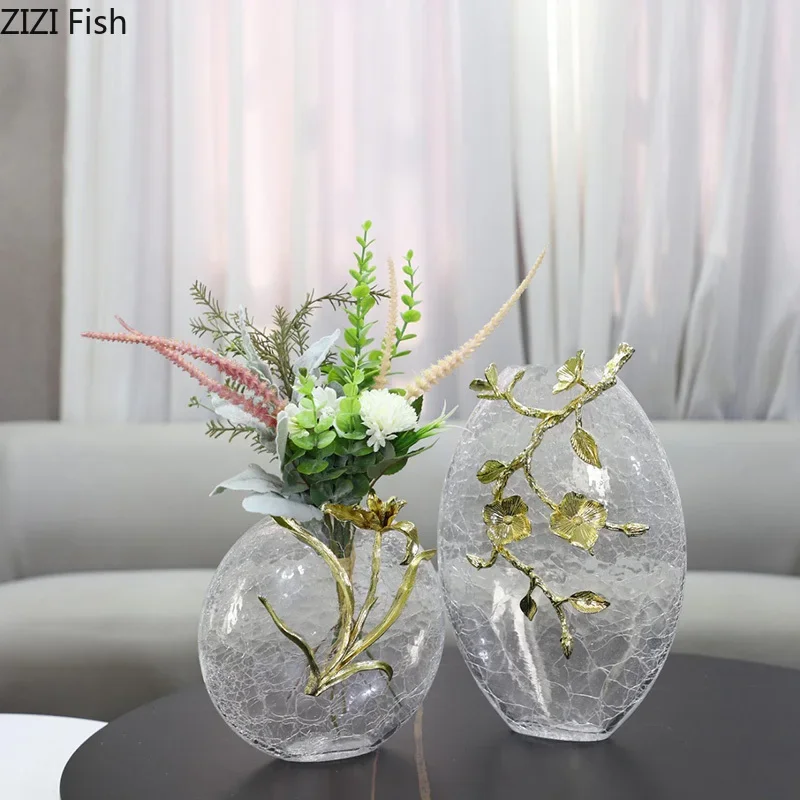 Golden Flower Decorative Cracked Glass Vase Flower Pots Desk Decoration Flower Arrangement Floral Vases Room Aesthetic Decor