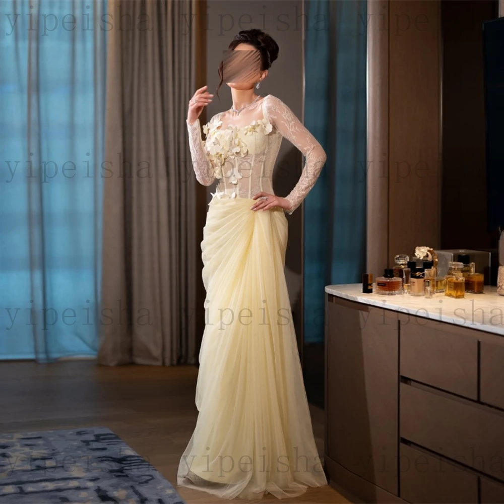 Customized square Collar Formal Evening Dresses 3D Flowers Lace Appliques Pleat Long Prom Gown Modern Draped Tulle Party Dress image 4