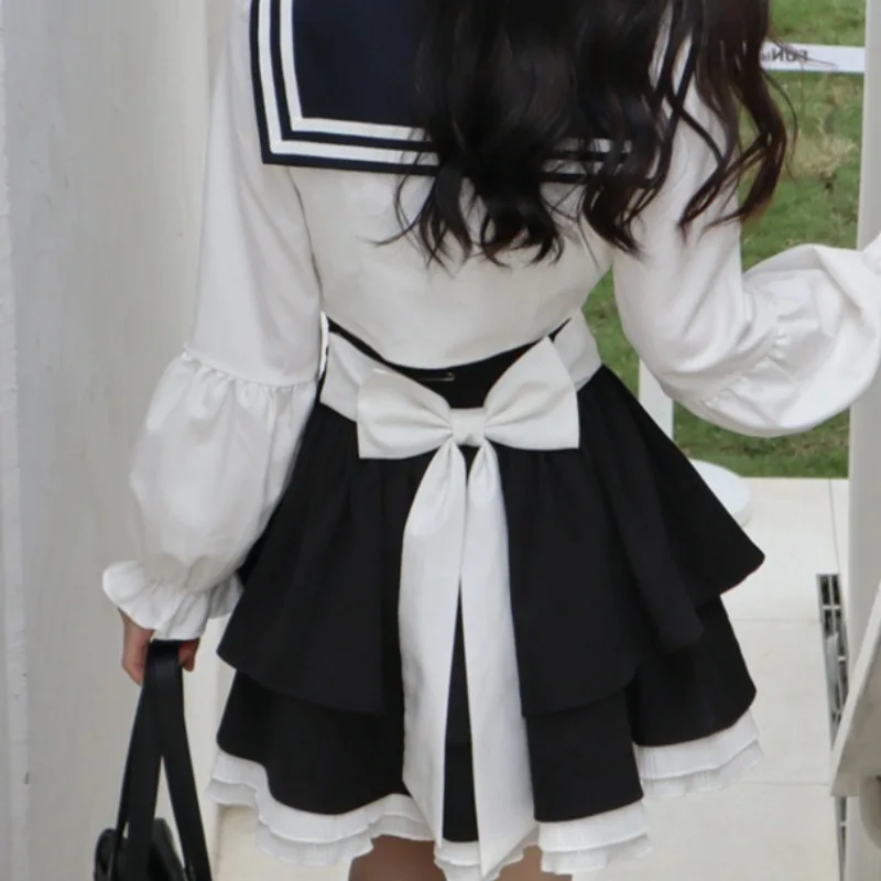 Sweet Lolita Style 2 Piece Skirt Set Women Kawaii Sailor Collar Shirts Slim Mini Skirts Female Korean Fashion JK Uniform Outfit