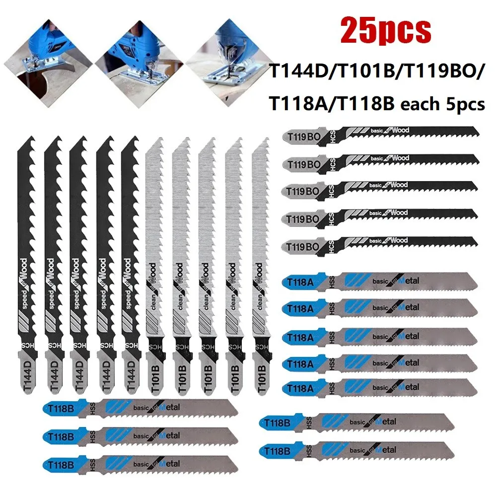 

T144D HCS+T101A0+T101B+T118A+T118B Precision T Shank Jig Saw Blades for Quick and Clean Saber Scroll Cutting 25 Pack