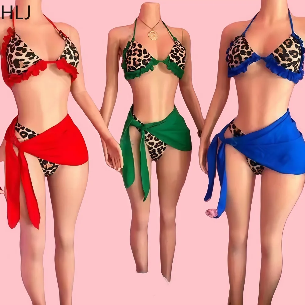 

HLJ Sexy Ruffle Push Up Bikini Women Leopard Patchwork Cover Up 3 Piece Swimsuit Brazilian Bathing Suit Mesh Skirt Swimwear 2025