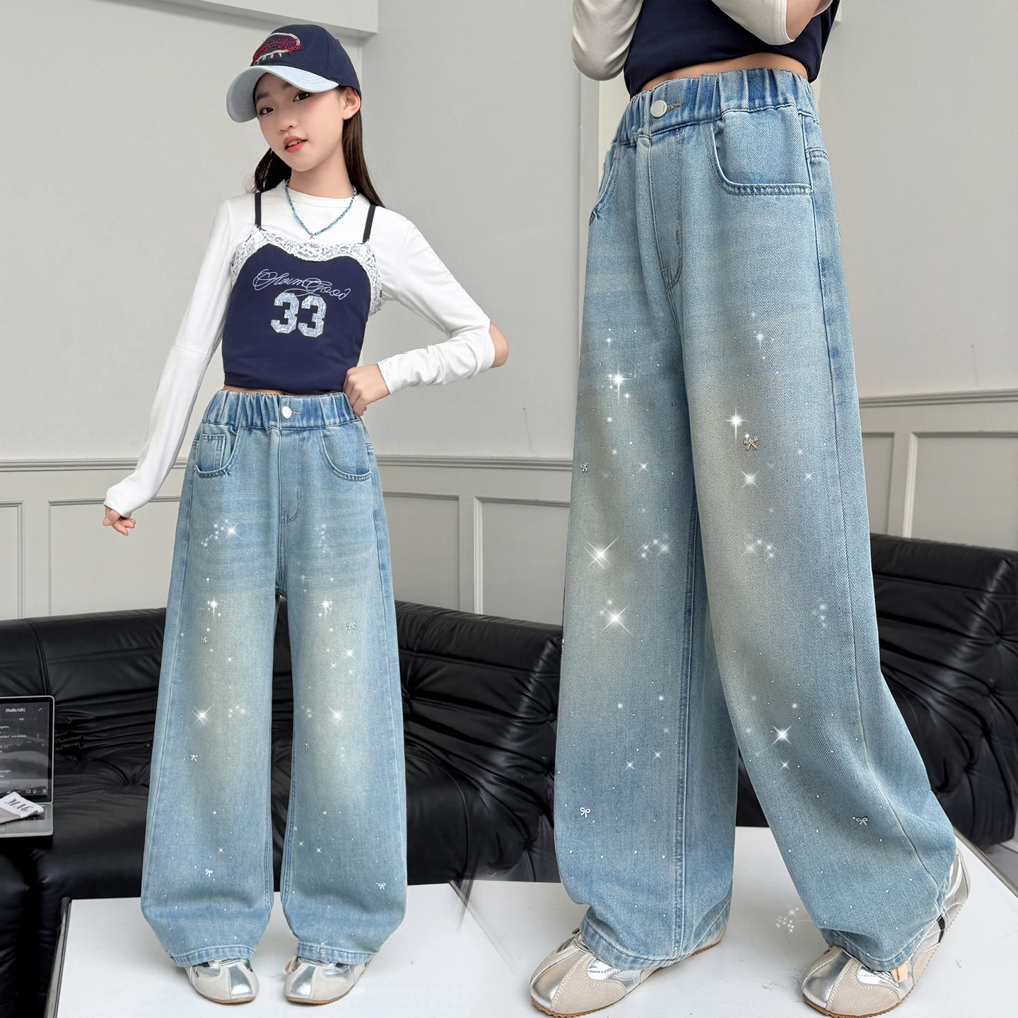 

2026 Spring Summer Girls Middle School Fashion Loose Rhinestone Sequin Elastic Waistband Pants Wide Leg Denim 4-14 Years Old