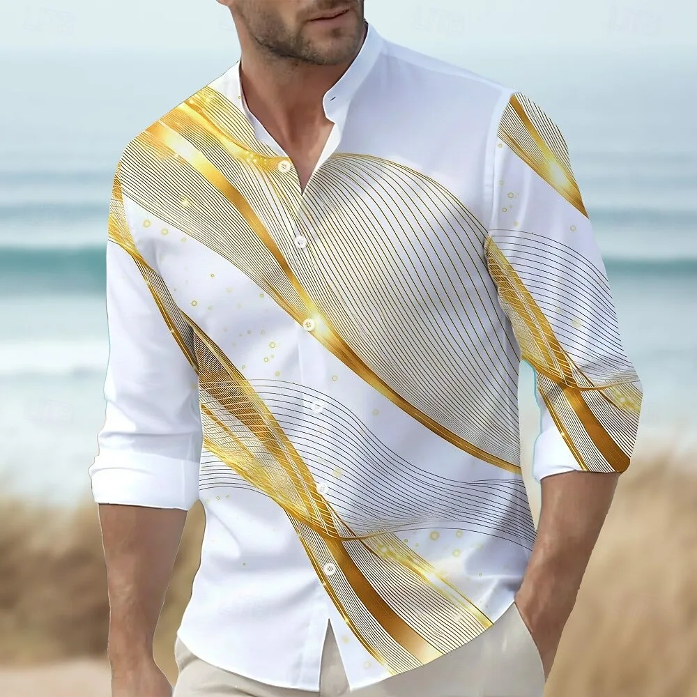 New men's gradient wave shirt with 3D line printing design and floral pattern long sleeved fashionable casual top shirt