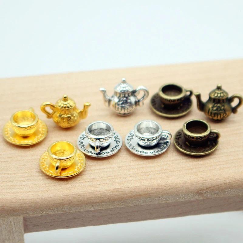 Juego de té en miniatura de casa de muñecas, tetera de Metal, cafetera, taza de café, modelo de cocina, decoración, juguete, accesorios para casa de muñecas, 1:12, 3 piezas por juego