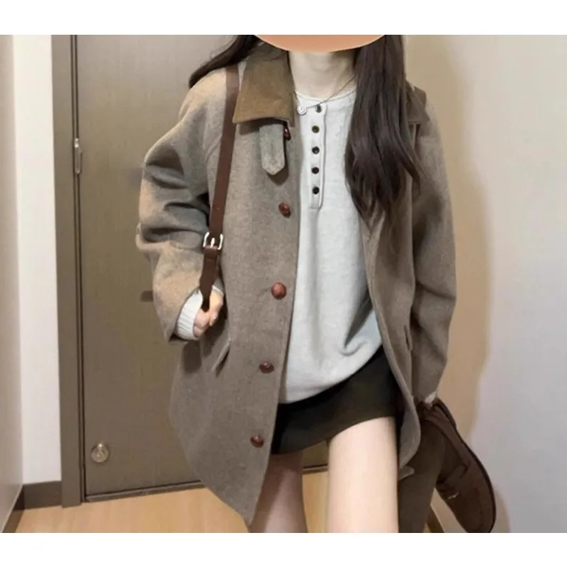 Long Winter-spring Fashionable Retro Woolen Suit Coat Loose-fitting Outerwear for Women