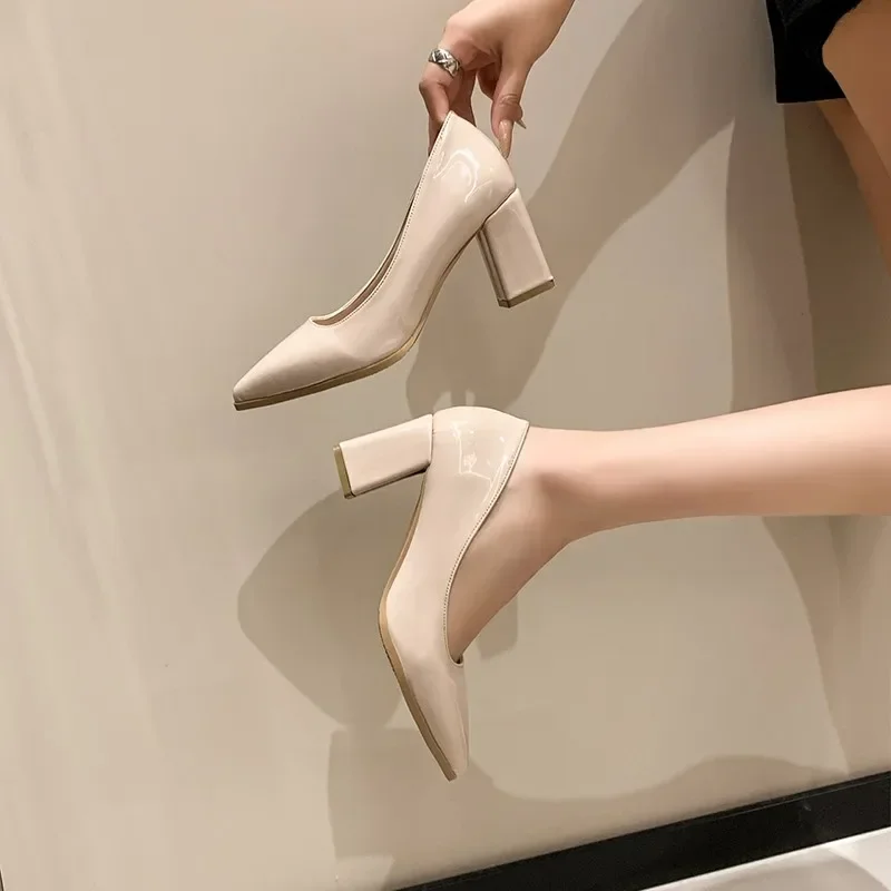 Autumn Shallow Basic Women's High Heels Solid Casual Shoes Ladies Fashion Office Slip-on Pumps Pointed Toe Square Heels Women