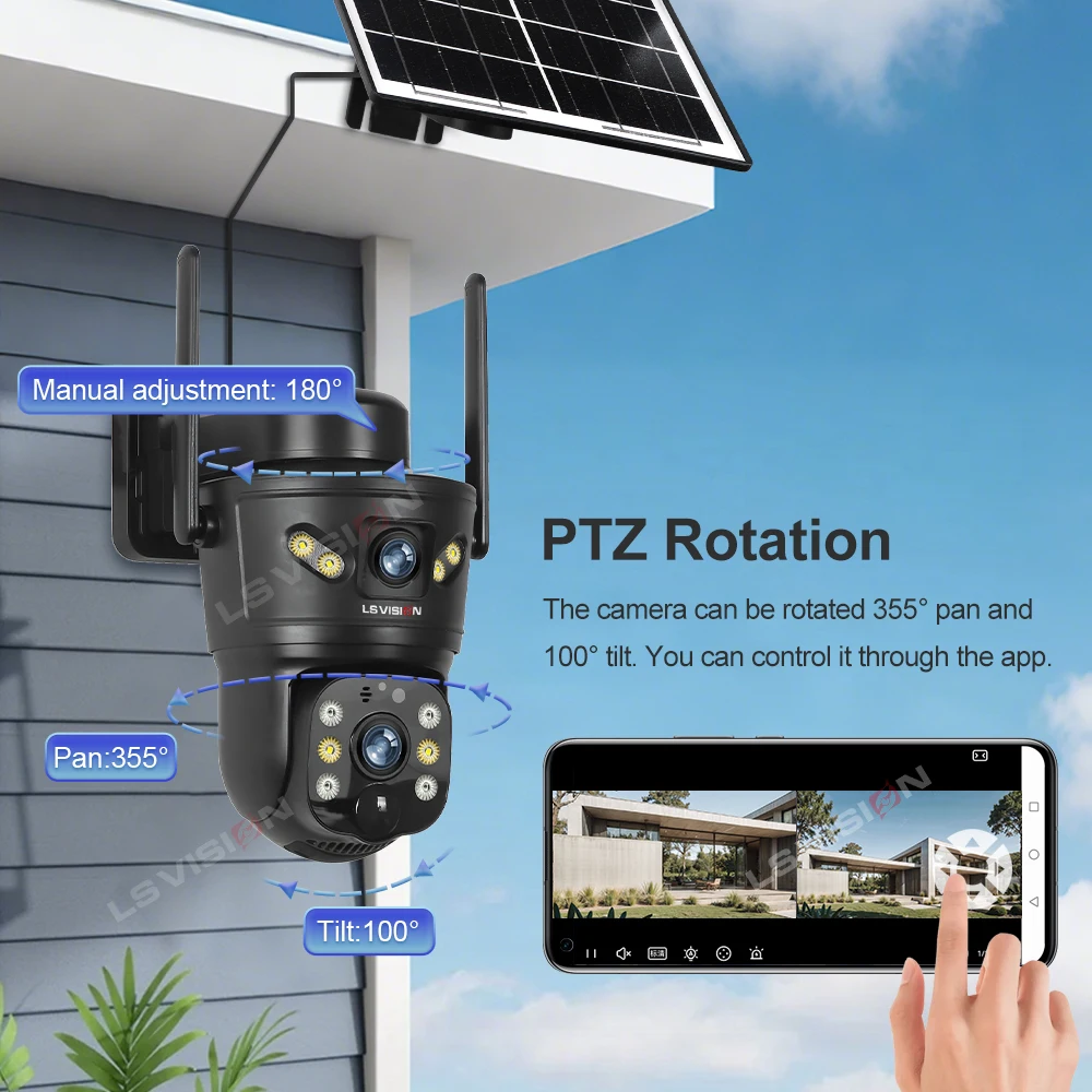 LS VISION شاشات مزدوجة 8MP 4G كاميرا أمان تعمل بالطاقة الشمسية واي فاي كاميرا مراقبة خارجية تتبع السيارات البشرية كاميرات CCTV V380 Pro