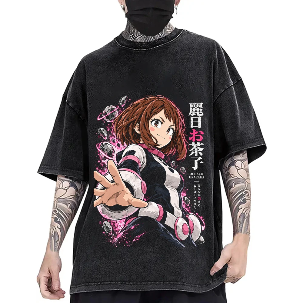 My Hero Academia Ochaco Uraraka T Shirt Vintage Washed Anime T-shirt Short Sleeve Oversized Tees Casual Harajuku Streetwear Tops
