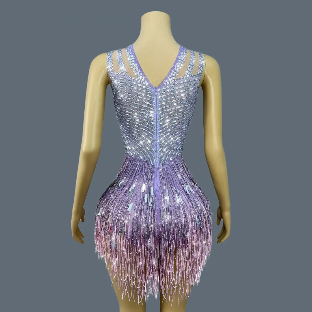 Streamer tema festa catsuit brilhante lantejoulas cristais bodysuit senhoras dança latina vestido sexy noite fora roupa roxa piaoliu