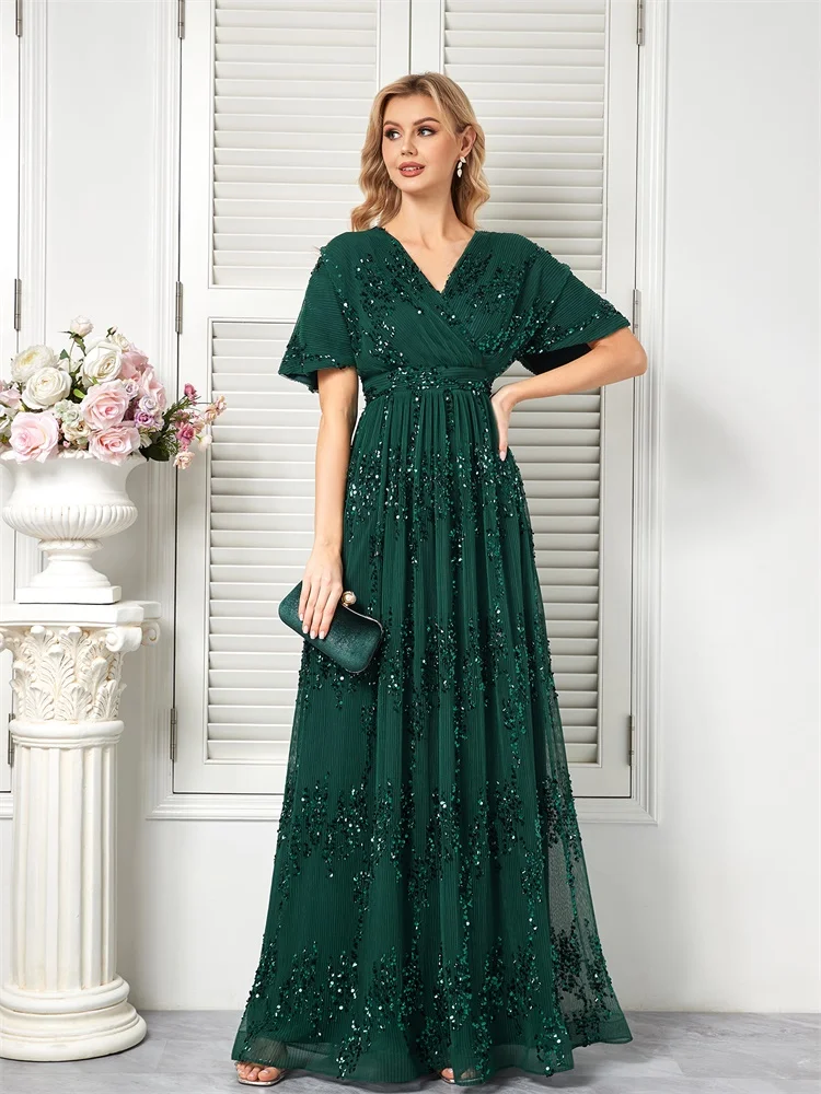 BLUEPLUM-vestido de noche verde brillante con cuello en V para mujer, vestido largo elegante de manga corta para fiesta, graduación, cóctel y graduación