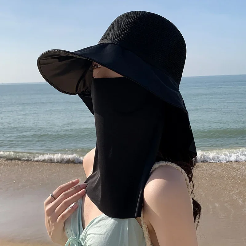 Cappello da sole estivo da donna con protezione UV Cappello da pescatore a tesa larga con scialle maschera Perfetto per la protezione solare da spiaggia all'aperto