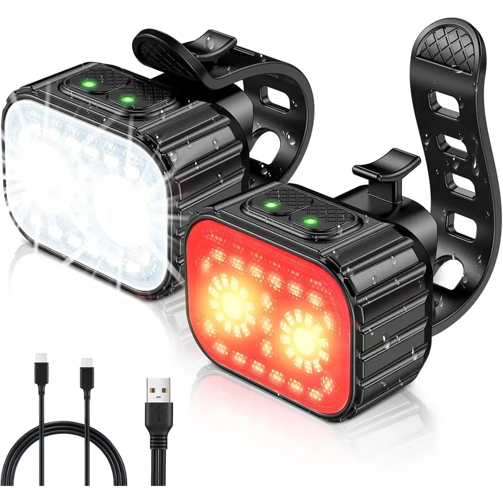 Super Bright Rechargeable Bike Lights Set Multiple Modes, Waterproof for Night Riding/Cycling Safety, Front and Back Bike Reflec